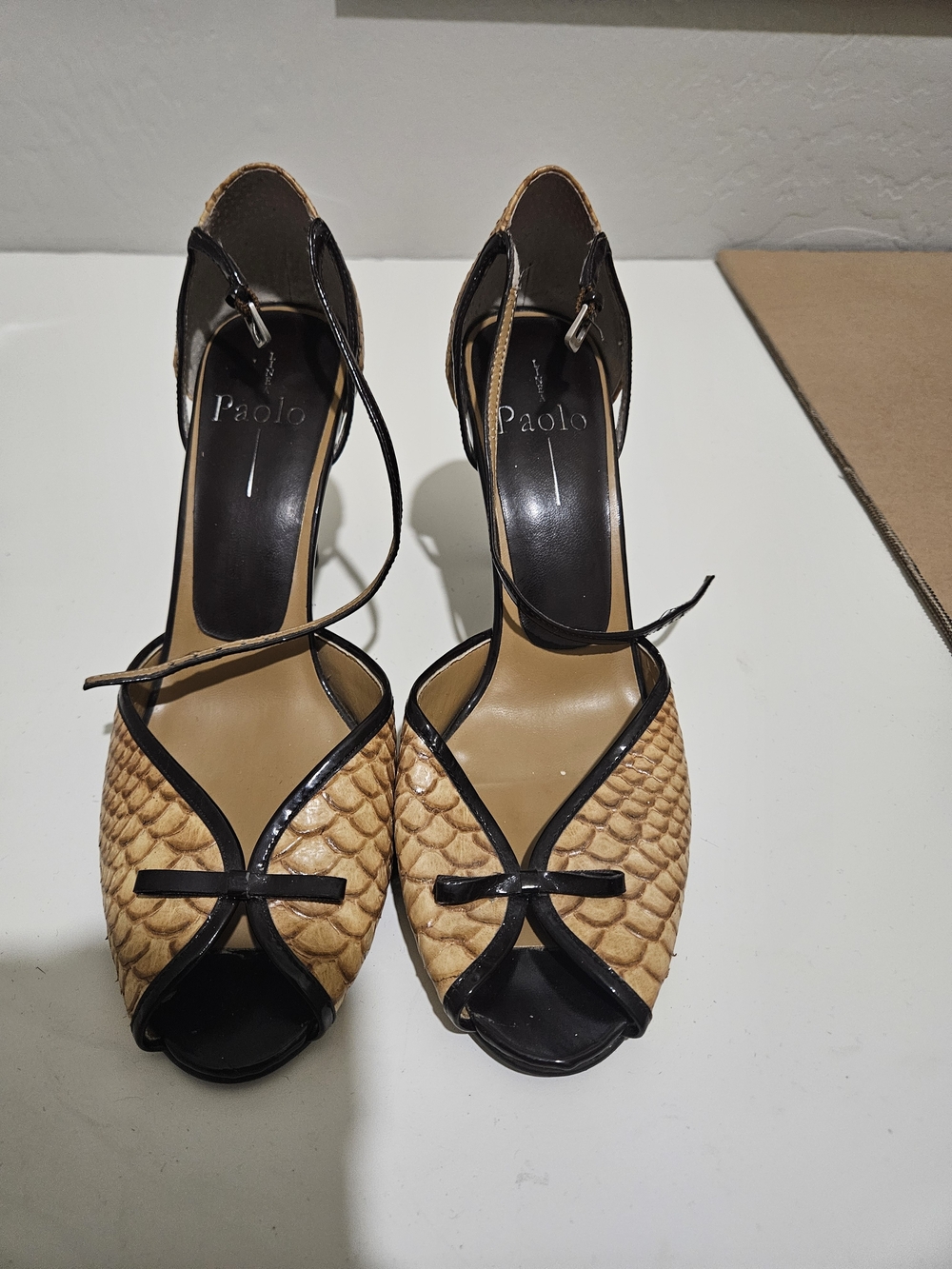 Paolo Tan Woven Peep-Toe Heels with Black Trim